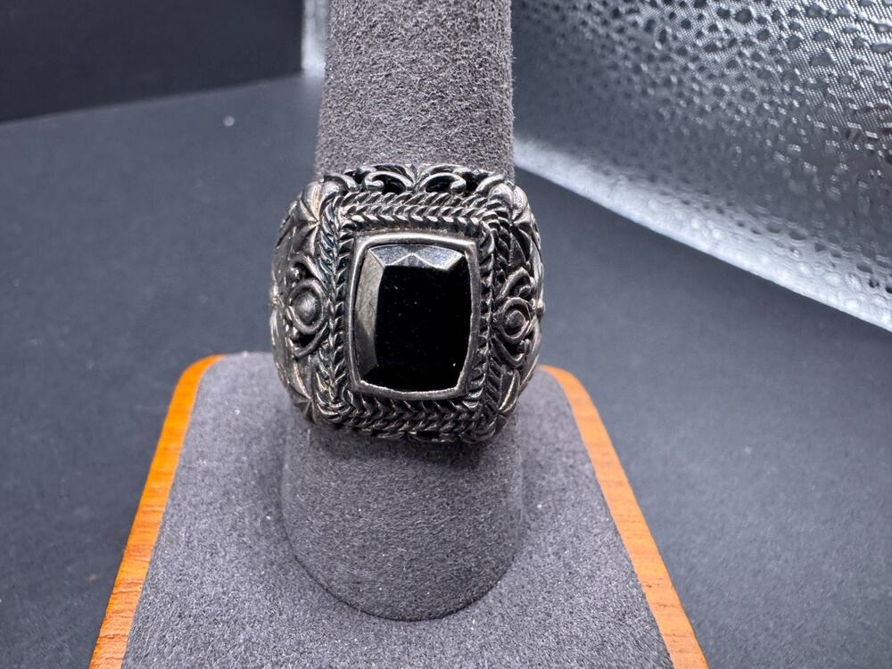 Chuck Clemency STS Sterling Silver 925 Ring Black Onyx Stone Filigree Sz 10